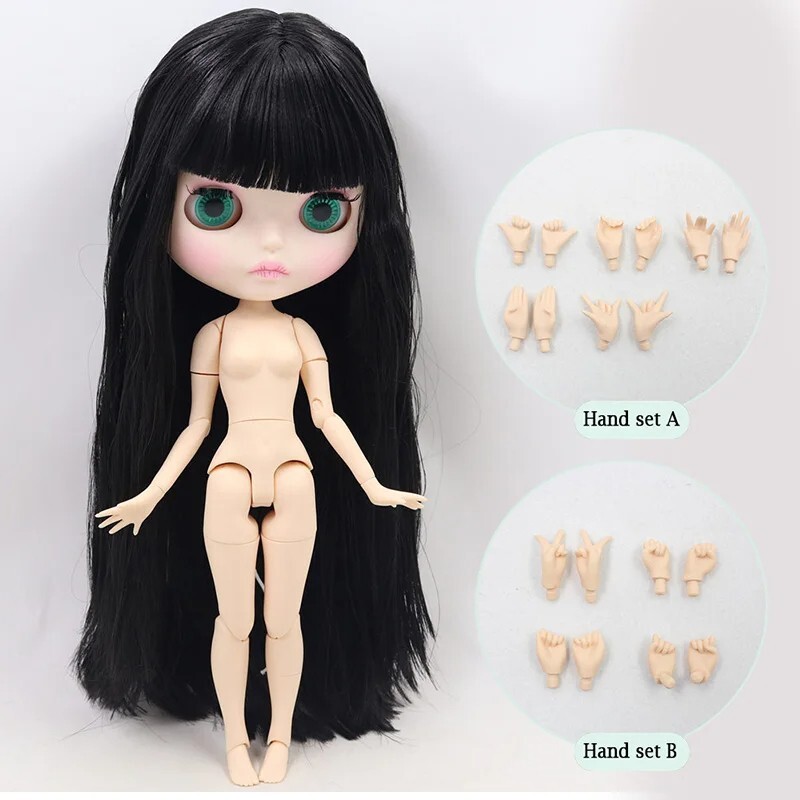 Blythe Doll with Straight Black Hair Matte Face Nude Jointed Body 12 Inch White Skin Gift