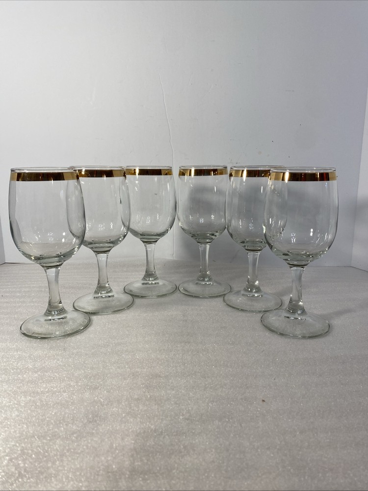 Vintage Mid-Century Gold Rimmed Wine Glass Set Of 6 EUC 6 3/8” Tall