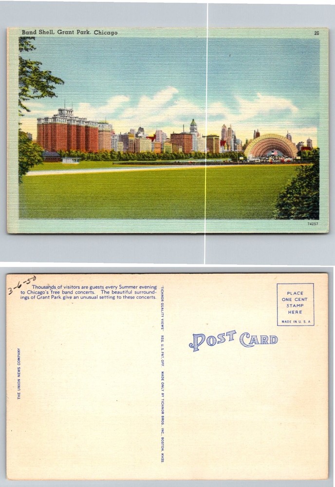 Vintage 1950 Linen Postcard Band Shell Grant Park Chicago Skyline Tichnor