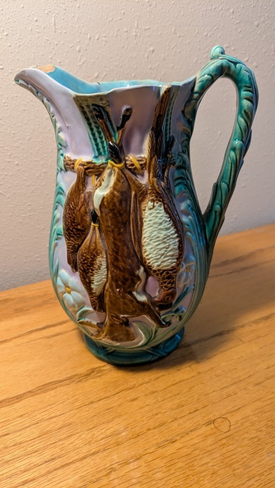 Antique Holdcroft Majolica Game Pitcher, Circa 1870, Marked