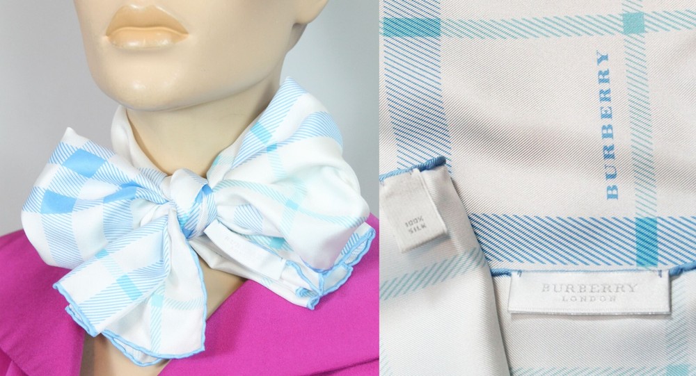 BURBERRY London ITALY White Aqua Plaid Nova Check Silk Long Scarf Handrolled Edges