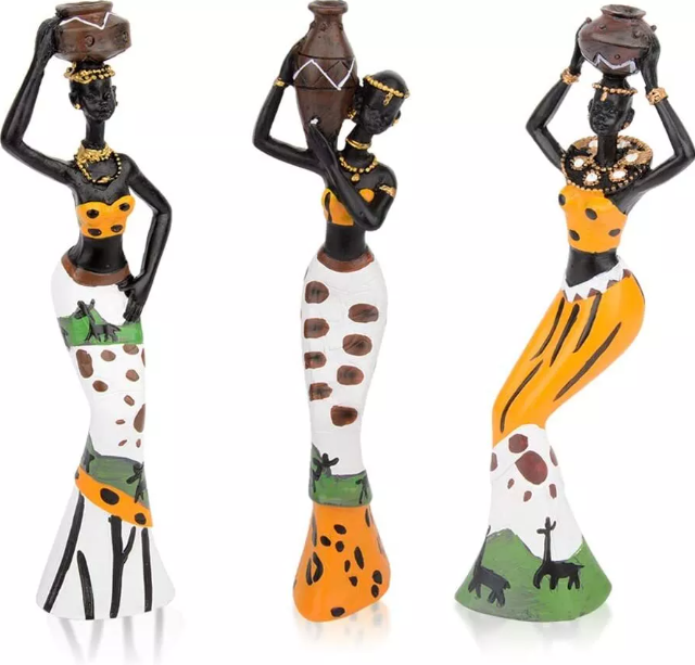 3pc Set Resin African Figure Women Sculptures, Tribal Lady Figurine Statue Decor