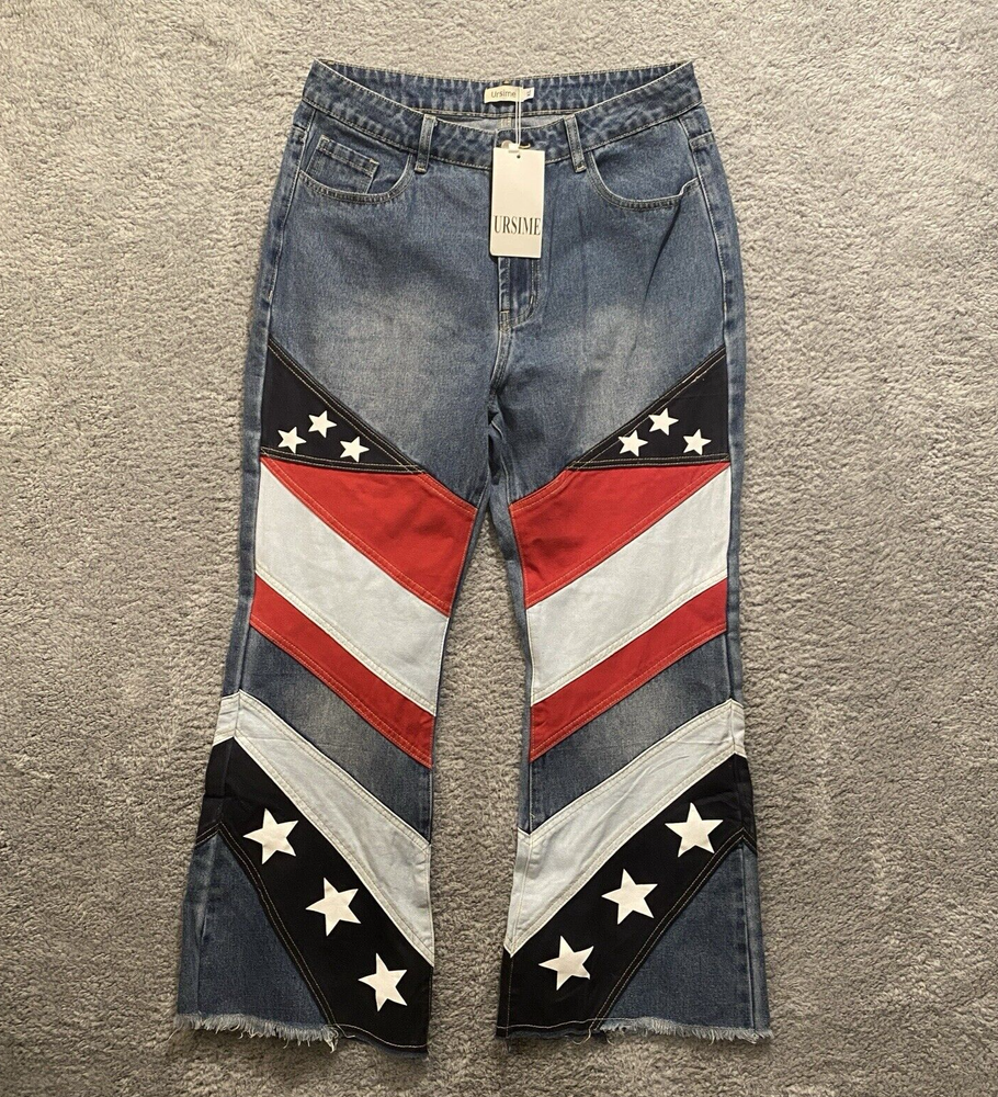 Ursime Jeans Womens XL American Flag Patchwork 32x29 Wide Leg High Rise Frayed