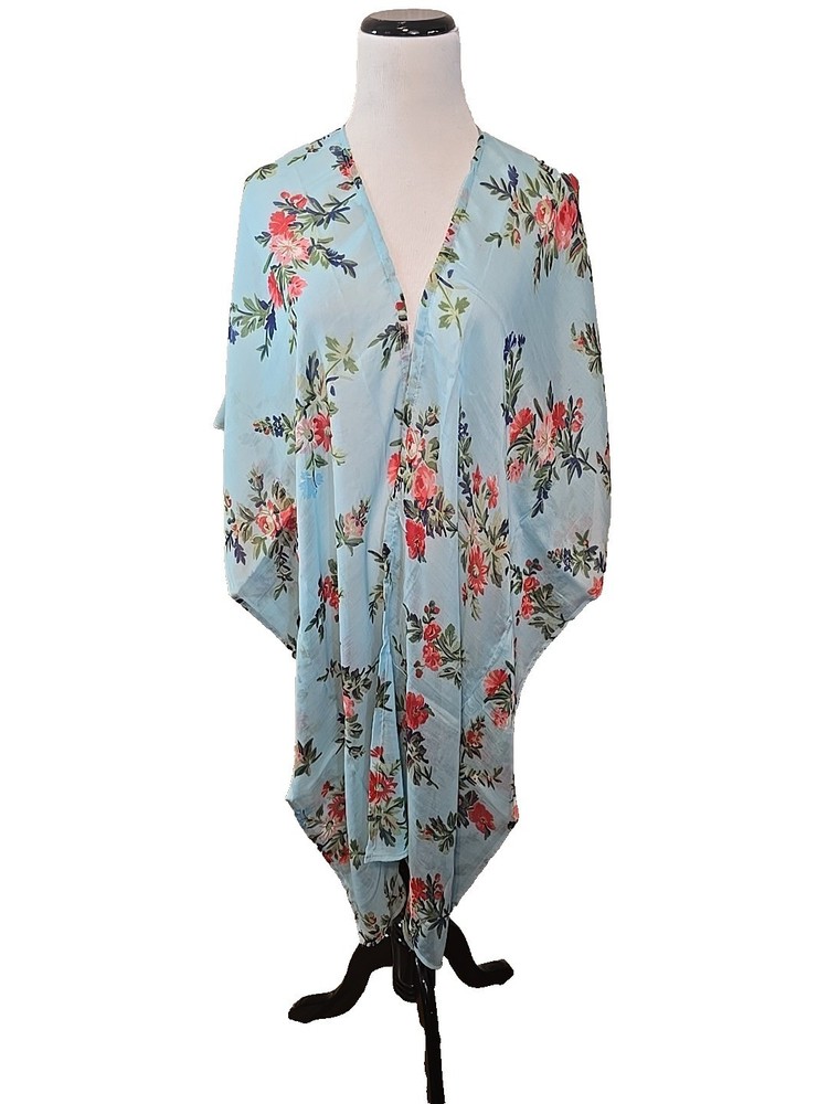 Raj Womens Top OS Blue Floral Open Duster Kimono Cover Up Boho Beachy New