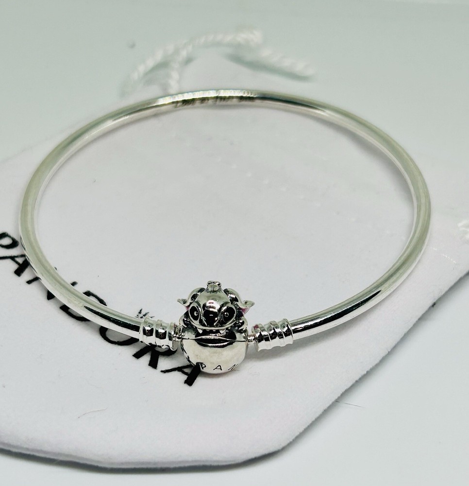 PANDORA 925 Silver Disney Stitch Biting Clasp Bangle Bracelet 17cm
