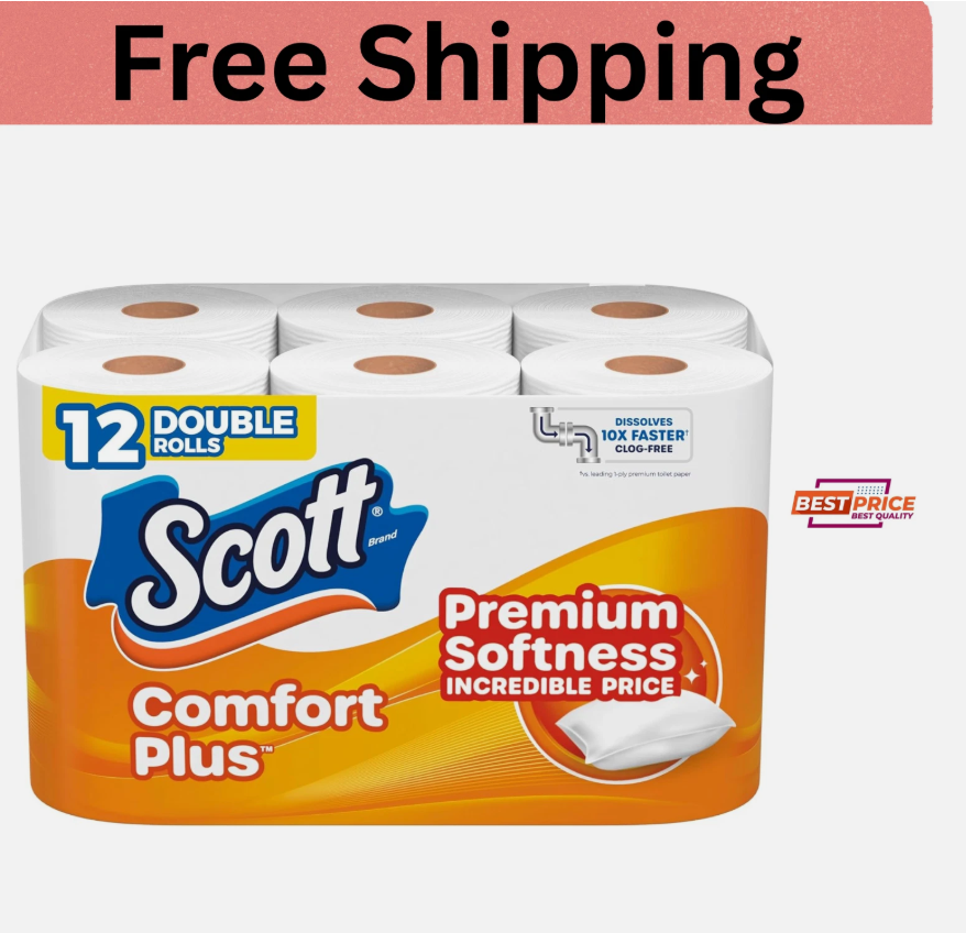 Scott ComfortPlus Toilet Paper, 12 Double Rolls,231 Sheets per Roll, Septic Safe