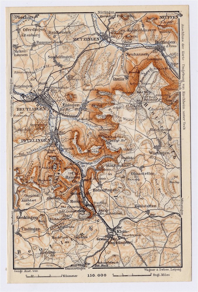 1910 Antique Map Of Vicinity Of Metzingen Reutlingen Pfullingen Germany