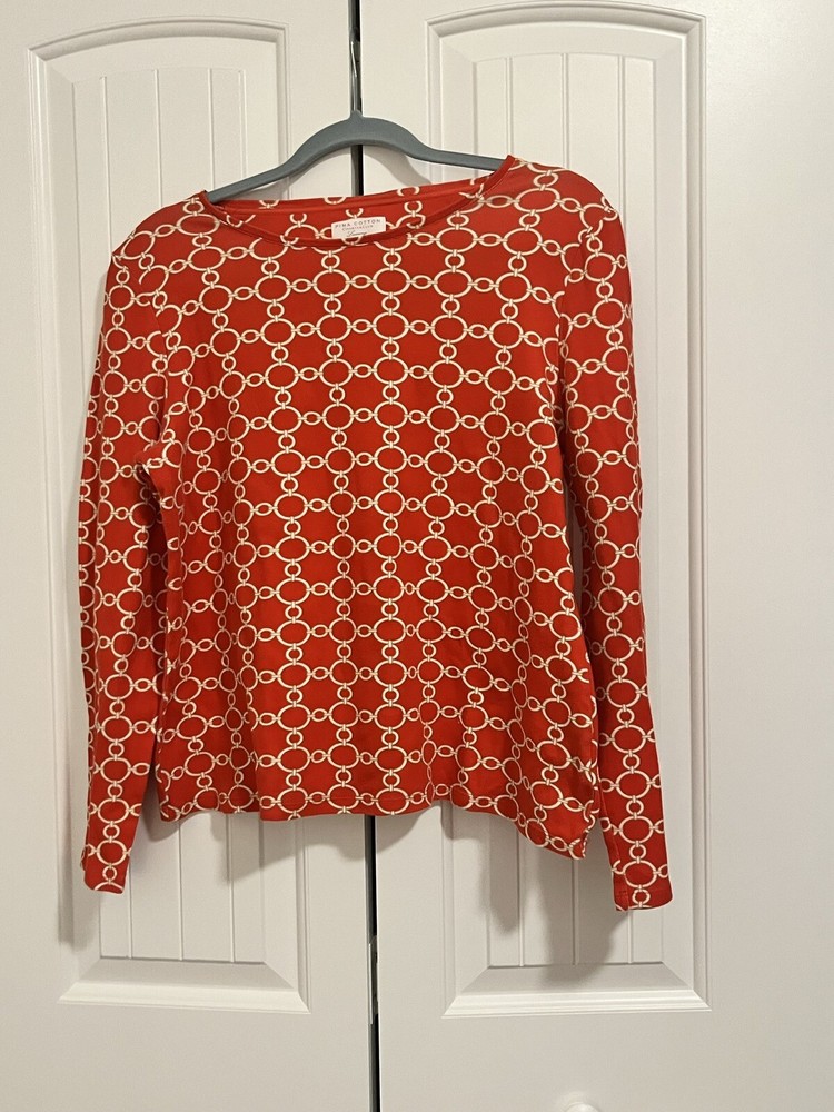 Charter Club Luxury Stretch Shirt L Orange Chain Print Long Sleeve PIMA Cotton