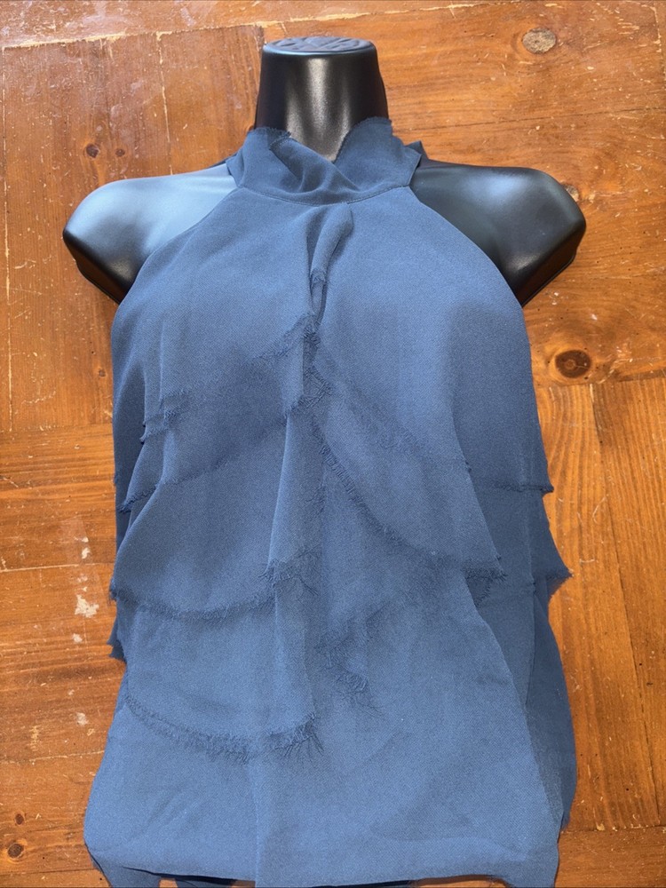 Trouve’ Women's Polyester Blue Ruffled Sleeveless Drapey Halter Neck Top Size M