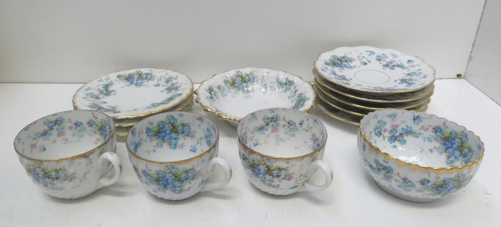 Antique Floral Tea Lot Of 3 Cups, 3 Plates, 5 Saucers, Dessert Bowl & Sugar Bowl