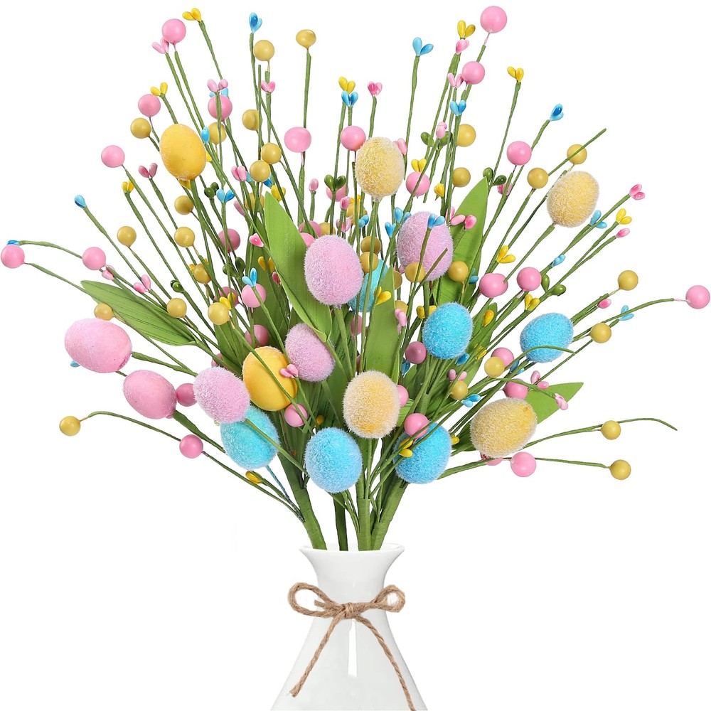 Artificial Easter Stems 6 Pcs Spring Egg Picks with Colorful Eggs Berries Gre...