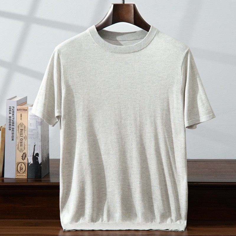 Summer Mens 85% Silk 15% Cashmere Round Neck Short Sleeve Knit T Shirts Pullover