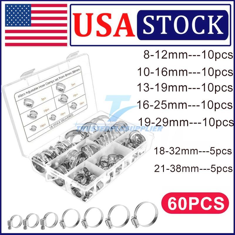 60x Adjustable Hose Clamps 8 Sizes Worm Gear Stainless Steel Clamp Assortment