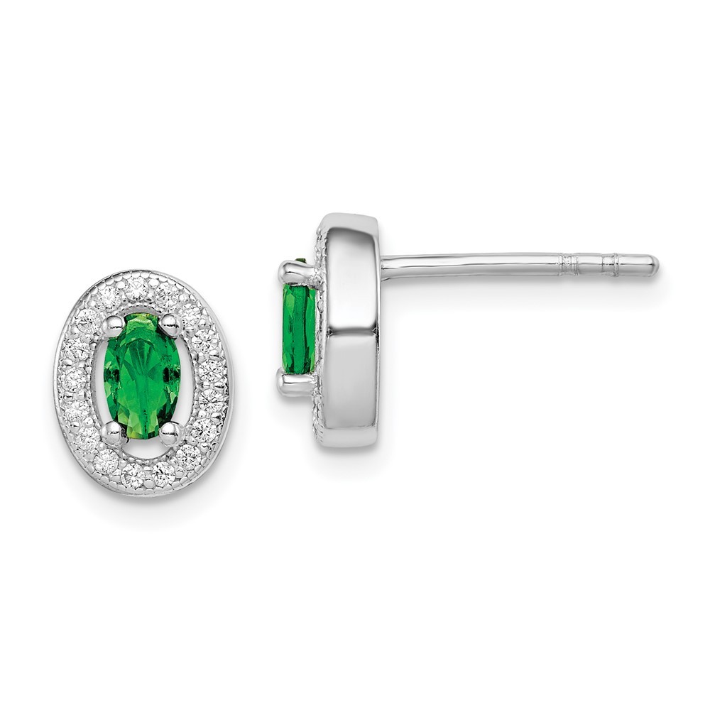 Sterling Silver Rhodium-plated Green & White Cubic Zirconia Oval Stud Earrings