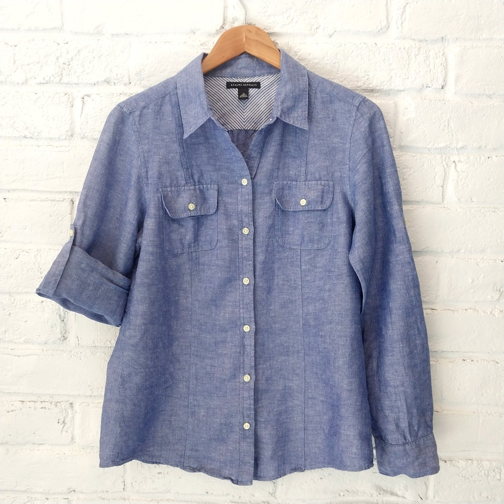 Banana Republic Button Shirt Womens 12 L Blue Linen Blend Roll Tab Long Sleeve