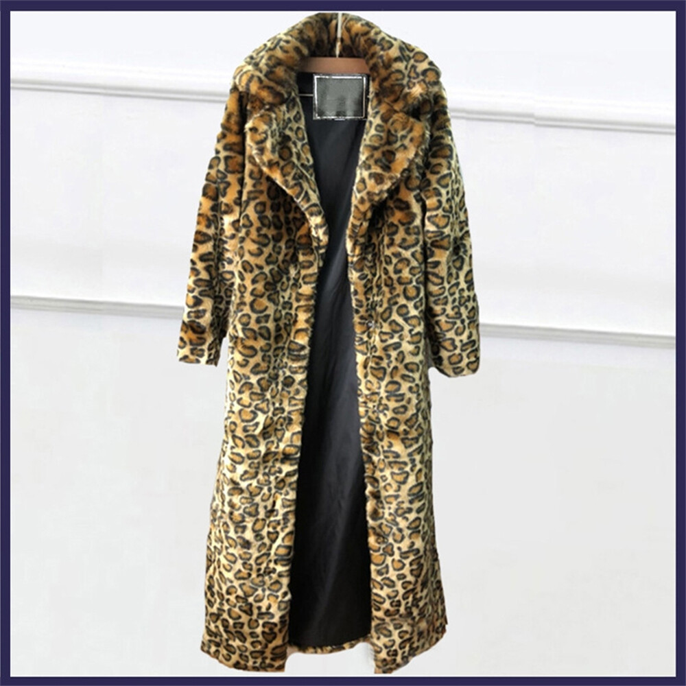 Women Winter Faux Fur Coat Medium Long Fur Coat Fashion Leopard Print Jacket