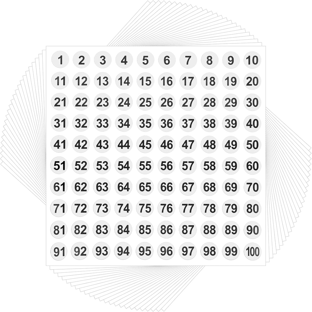 25 Sheets Number Stickers 1-100 round Vinyl Number Sticker Waterproof Label