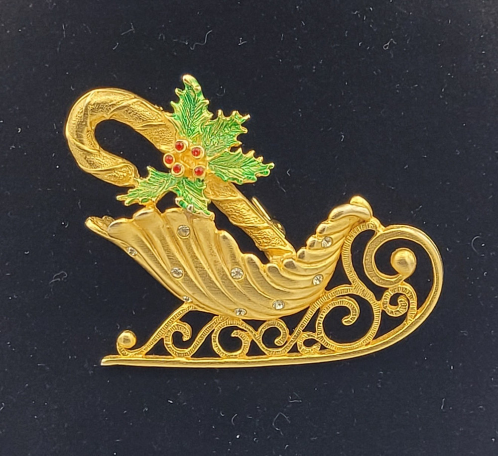 Jonette Jewelry JJ Sleigh Brooch Enamel Rhinestone Gold Tone Candy Cane Vintage