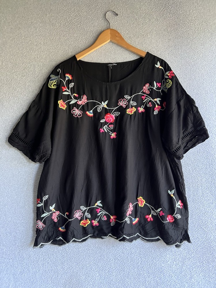 Time And Tru Blouse Womens XL Black Floral Embroidered Boho Peasant