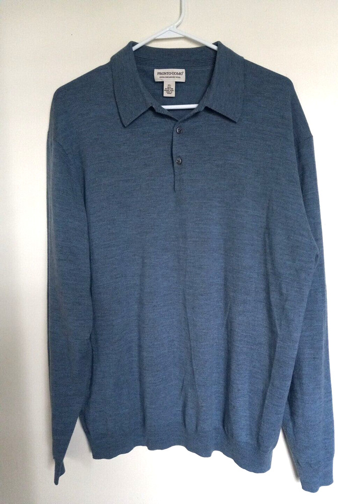 Pronto Uomo Polo Shirt Sweater Blue Long Sleeve Extra Fine Merino Wool Mens
