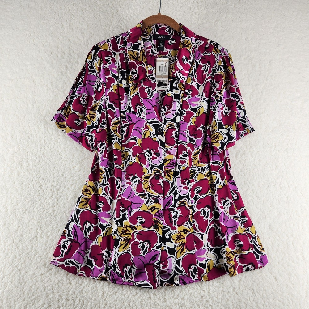 ALFANI Women's 100% Silk Blouse Collared Short Sleeve Floral Multicolor Size 12