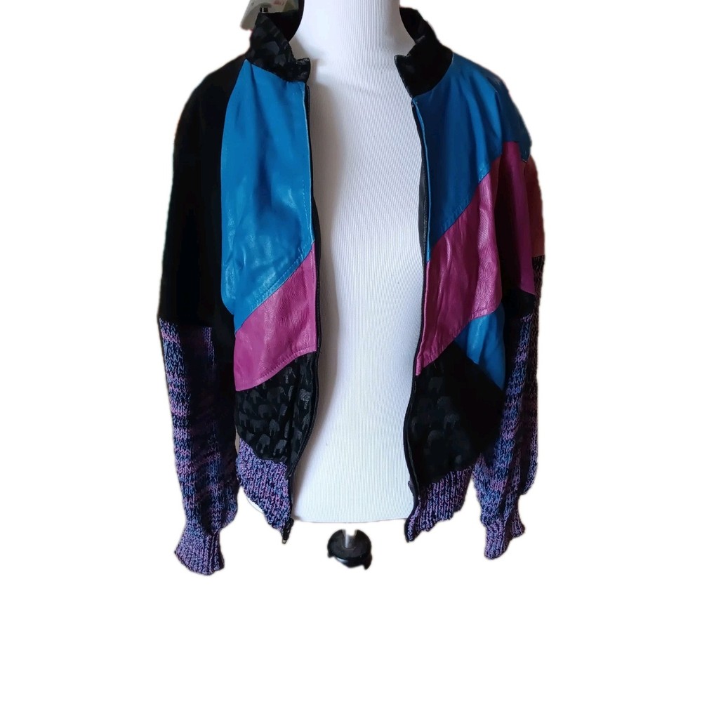 90s Vintage Leather Suede Jacket Sweater Blue Mauve Women's Zip Up Coat