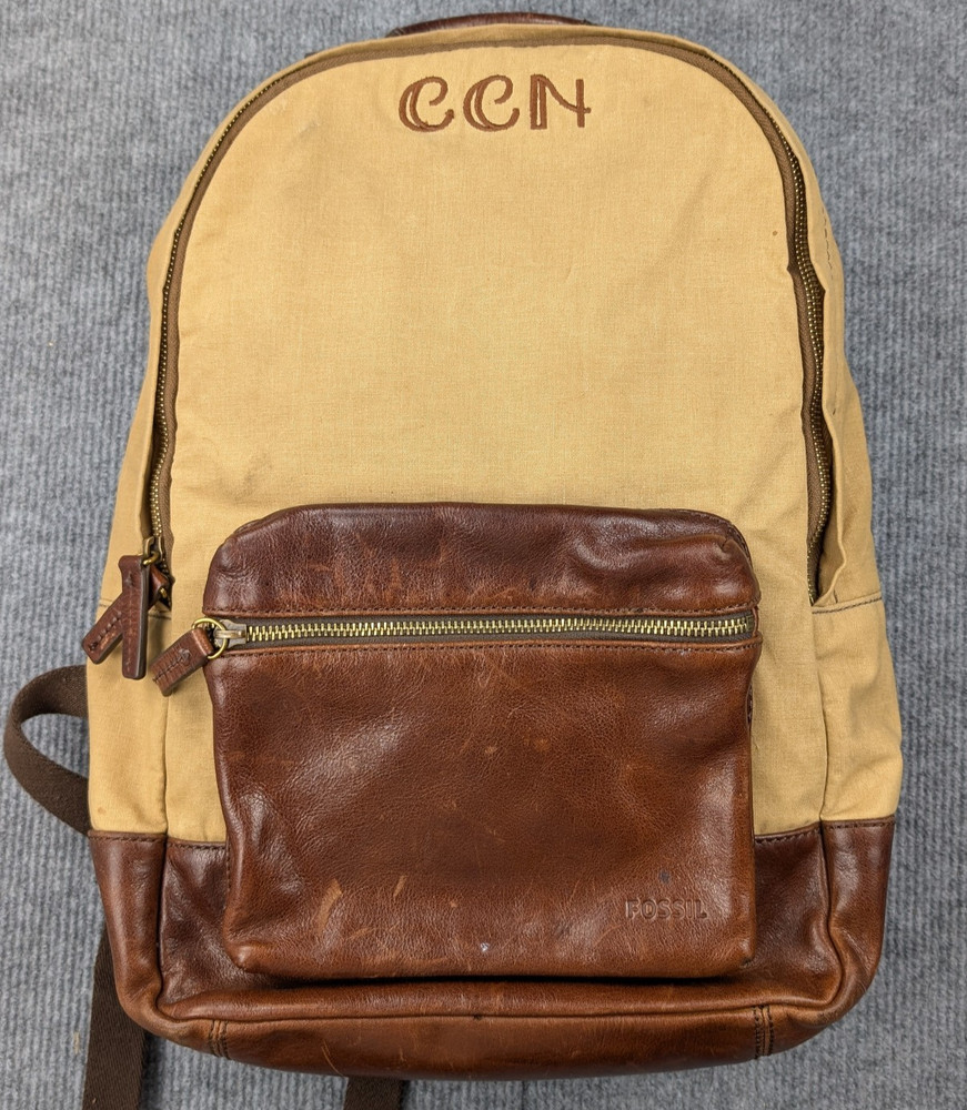 Vintage Fossil Backpack Canvas Leather Travel Rugged Zip Natural Fiber Brown