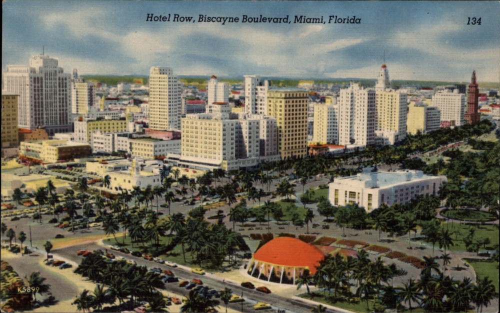Hotel Row Biscayne Boulevard Bayfront Band Shell Miami Florida ~ 1940s linen