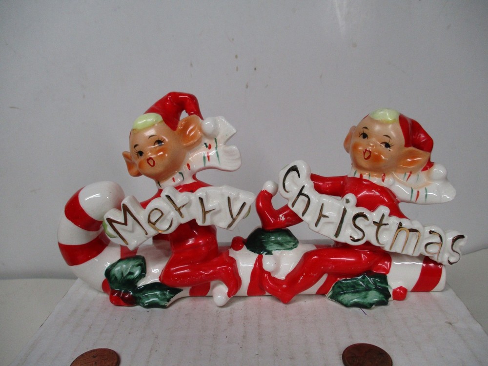 Vintage Japan Ceramic Elf Pixies Ride Candy Cane w Merry Christmas Sign
