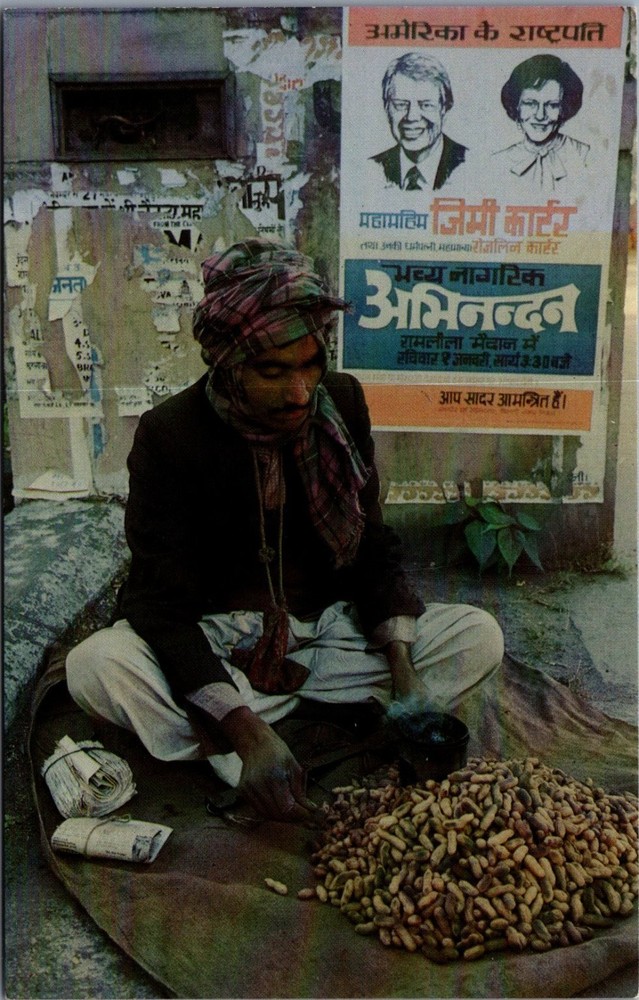 1978 India Street Scene Peanut Seller Jimmy Carter Poster Postcard Coral-Lee