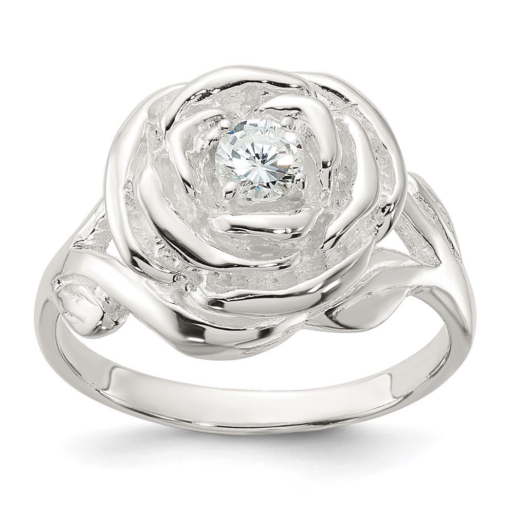 Sterling Silver Polished Cubic Zirconia Flower Rose Ring Size 8