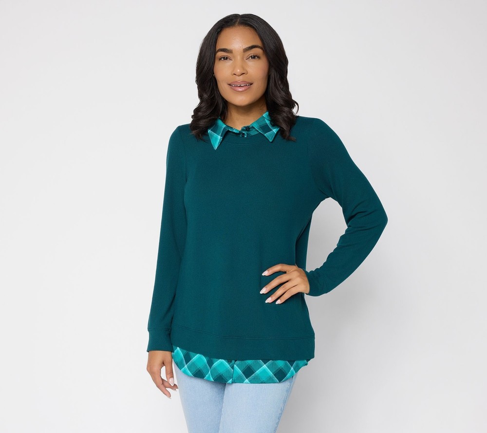 Denim & Co. Women's Top Plus Sz 3X Heavenly Jersey SolidPlaid Long Green A673723