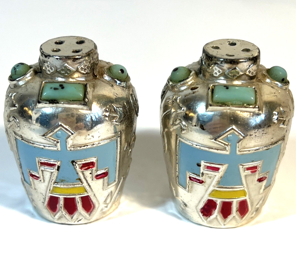 Vintage Native American Thunderbird Salt & Pepper Shaker Set Turquoise Silver