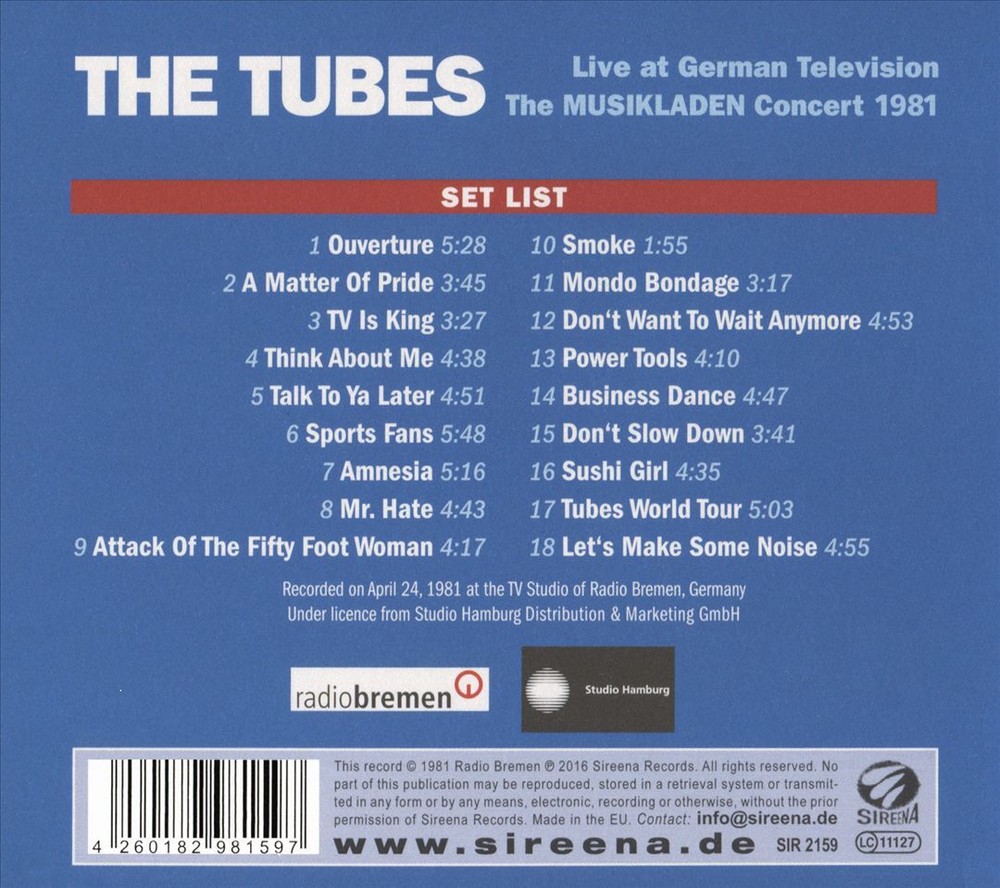 THE TUBES LIVE ON GERMAN TELEVISION: THE MUSIKLADEN CONCERT 1981 NEW CD
