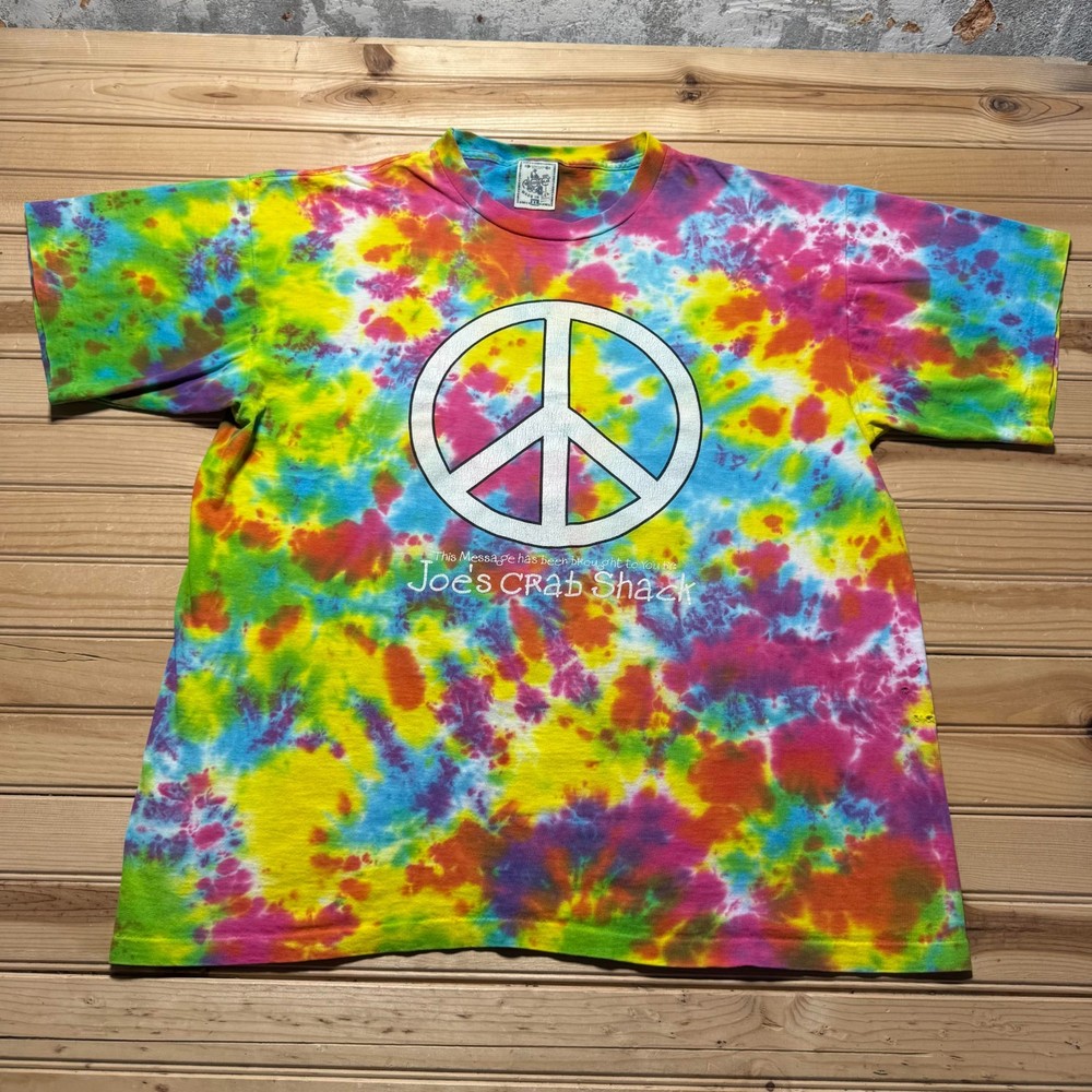 Vintage 90s Joe's Crab Shack Peace Sign Rainbow Tie Dye Promo T-Shirt USA - XL