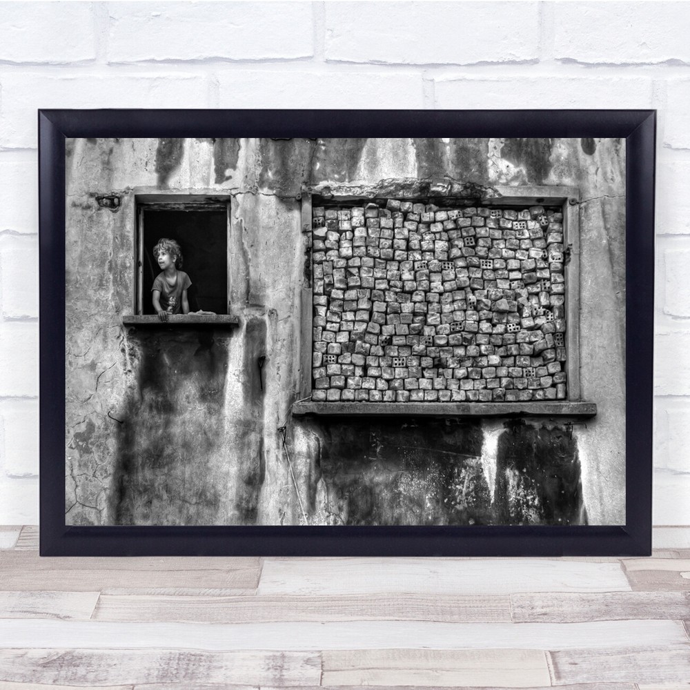 black and white Bricks Window Facade Worn Kid Person Street Stains Print