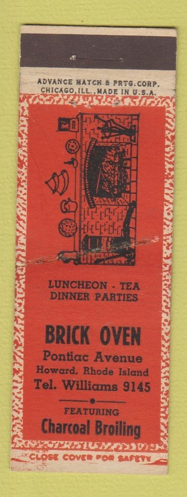 Vintage Matchbook Cover Brick Oven Howard RI Advance Wear Collectible