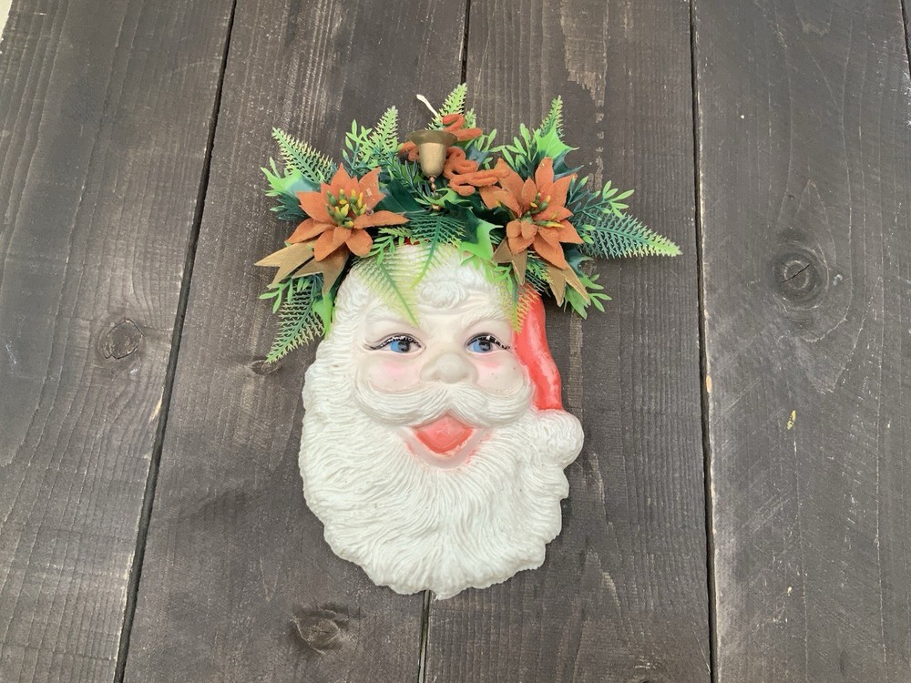 Vtg Christmas MCM Rubber Face Santa Head Vinyl Wall Hanging Mid Century 8 In