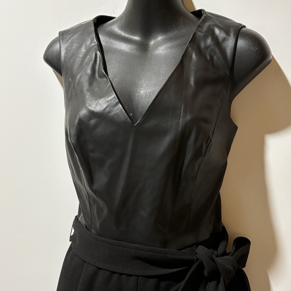 CALVIN KLEIN Jumpsuit Women Sz 4 Black Gothic Leather-Like Elegance Wide Leg