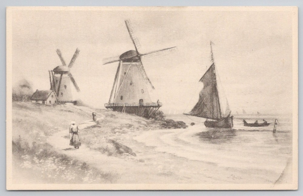 Netherlands Windmills & Sailboat Art Postcard Early 1900s Divided Back