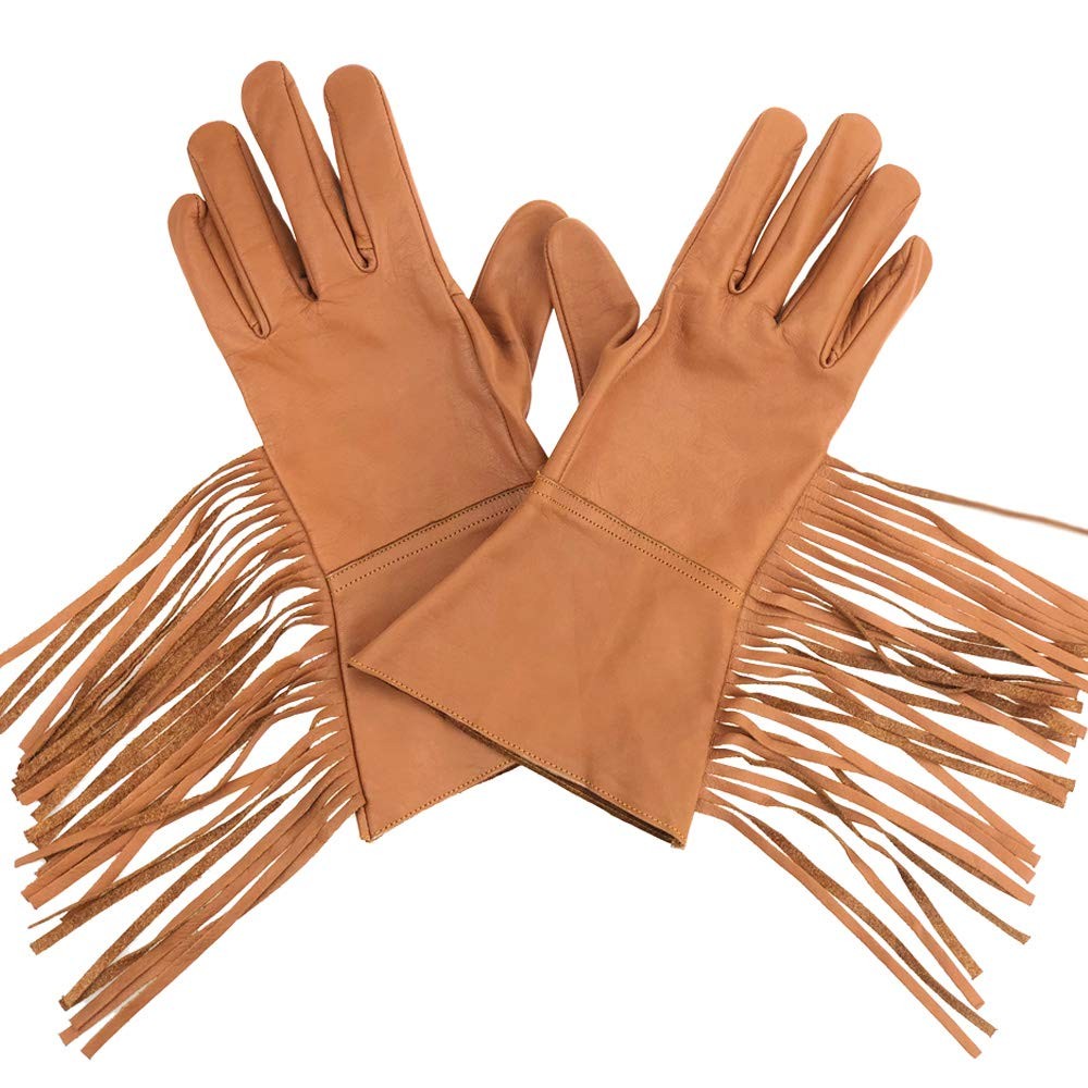 Men's Western Style Fringe Leather Gauntlets Gloves
