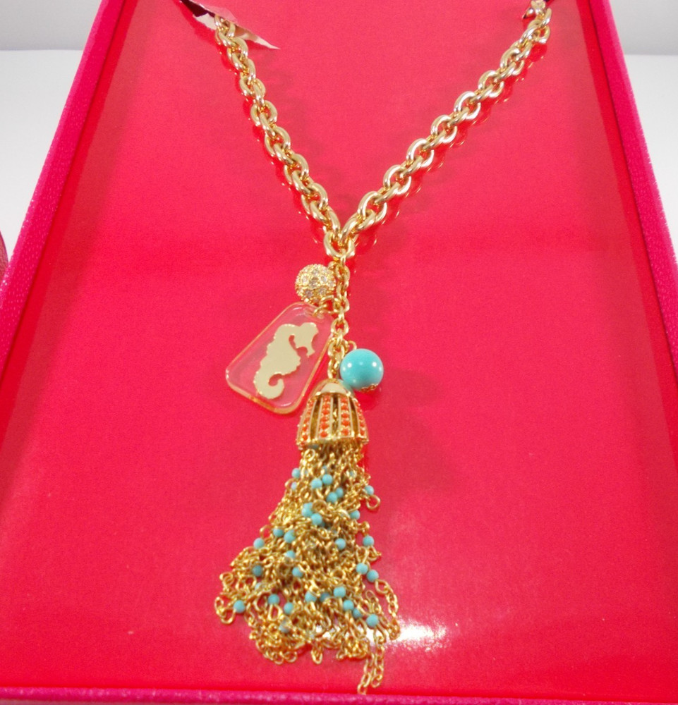 Lilly Pulitzer Gold Tone Sea Horse Dangle Faux Turquoise Coral Tassel Necklace