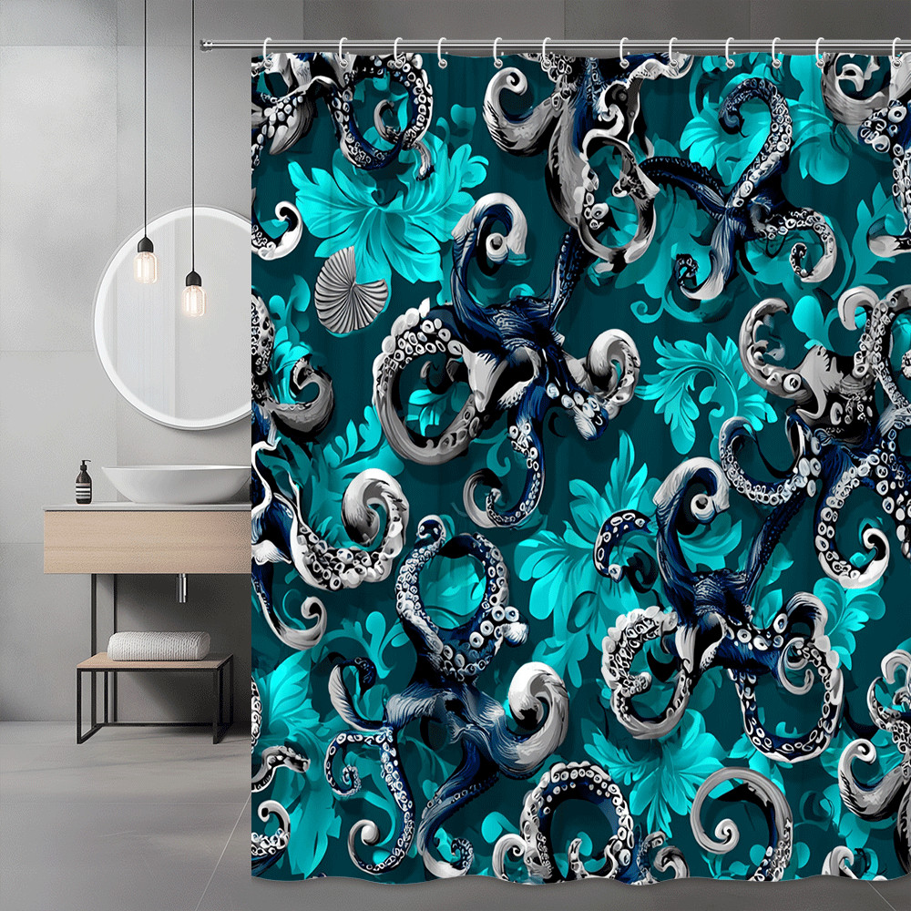 Octopus Tentacle Shower Curtain Teal Blue Nautical Graphic