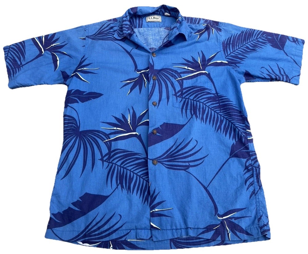 Vintage L.L. Bean Hawaiian Shirt Men’s Medium Blue Tropical Palm Floral Cotton