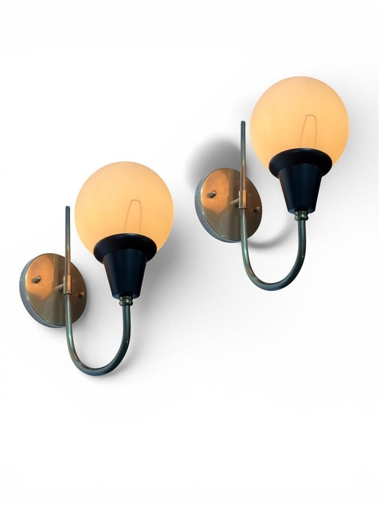Mid Century Modern Brass Globe Wall Sconce Frosted Glass