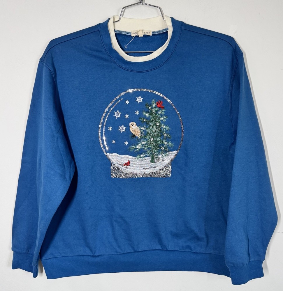 Margaux & Lexi Christmas Snow Globe Pullover Sweatshirt Blue Size XL Cardinal