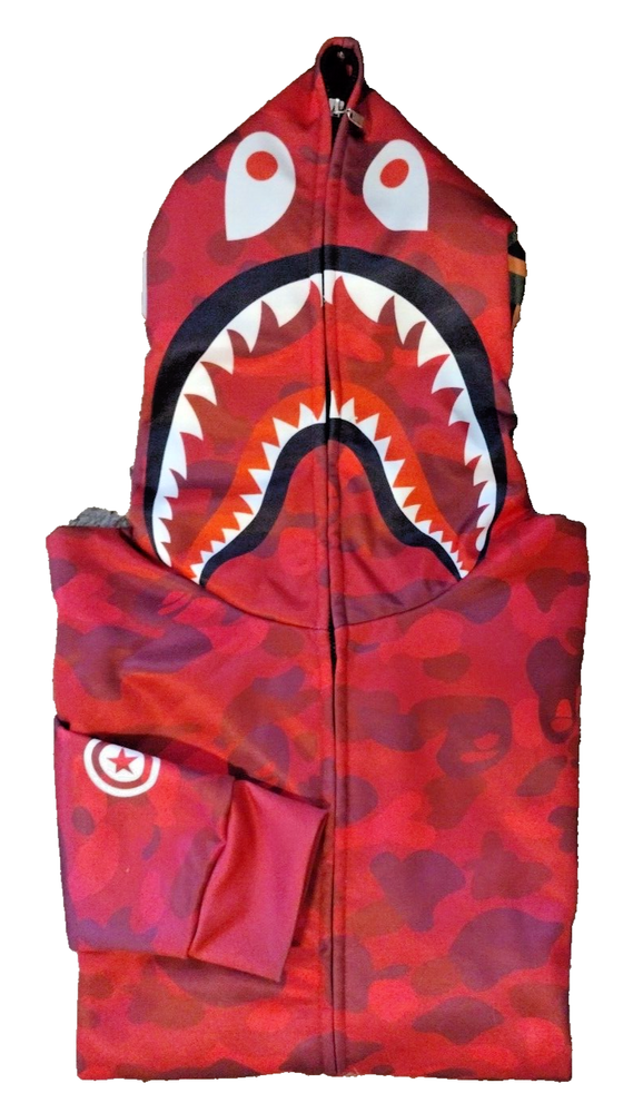 BAPE Men's Red Color Camo Shark Full Zip Hoodie Size M