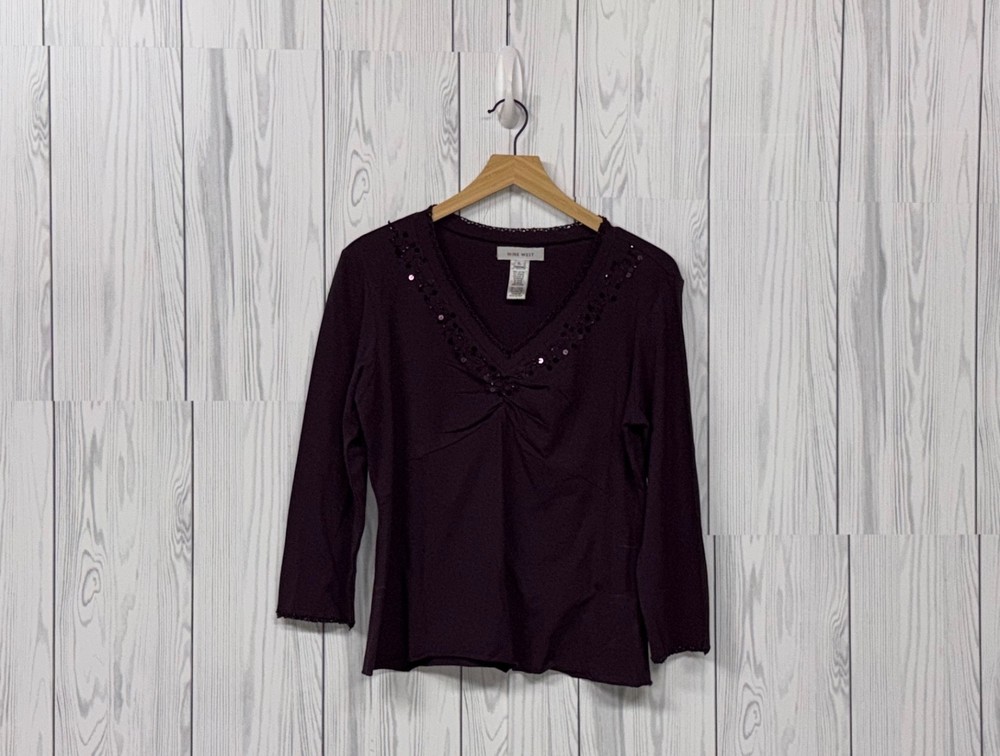 Nine West top womens size extra large long sleeve pullover navy stretch blouse
