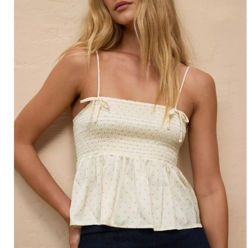 American Eagle AE Bow Babydoll Satin Tank Top Cream Smocked Cropped Chic Medium