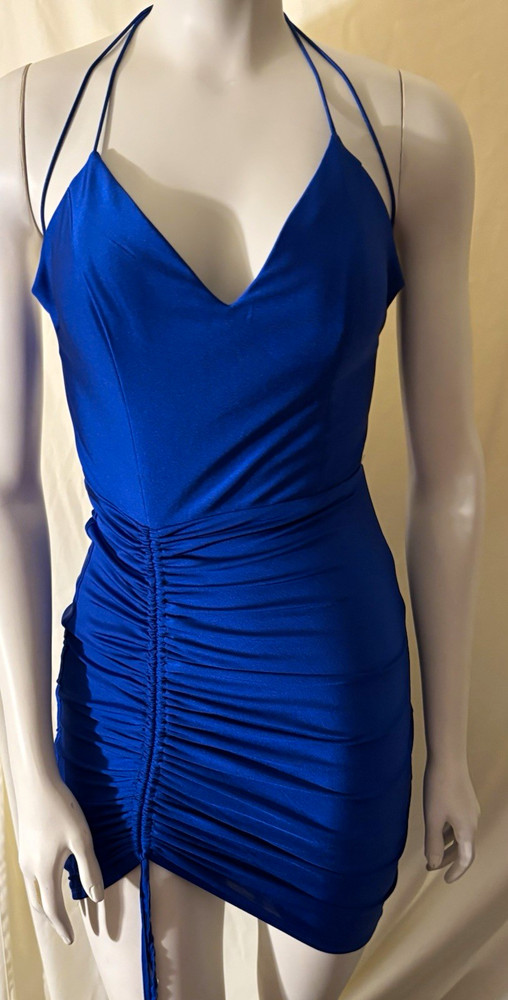 B-Darlin Blue Ruched Strappy Open Back V-Neck Bodycon Mini Dress S